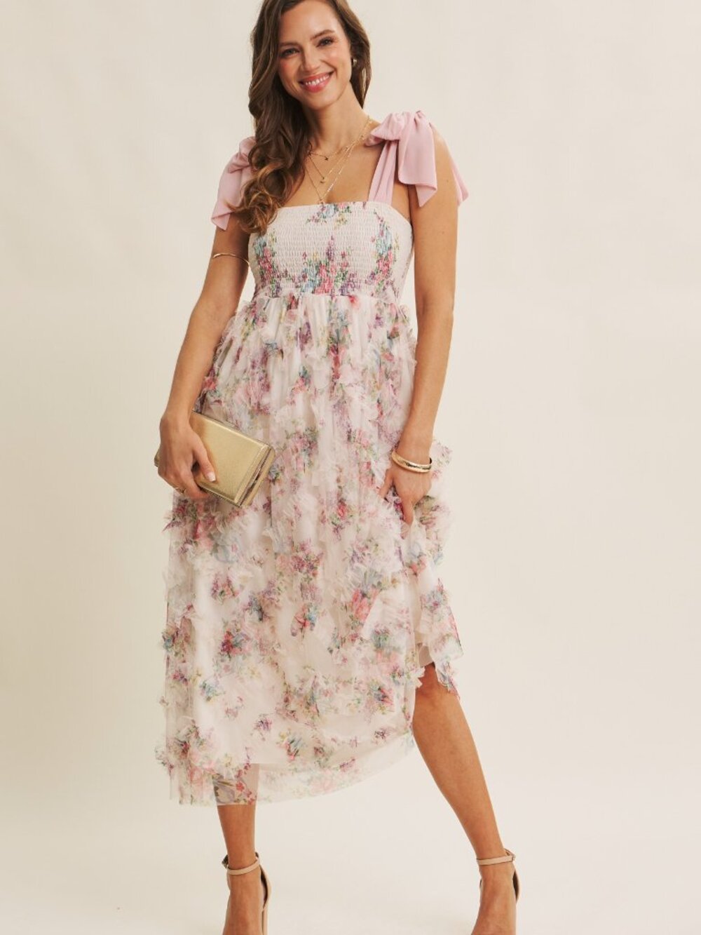 Textured Floral Smocked Midi Dress Tie Straps - Picture 2 of 11